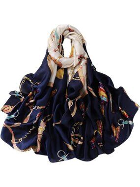 Women's White Blue Light Silk Like Scarves Flower Print Head Cotton Wrap Scarf